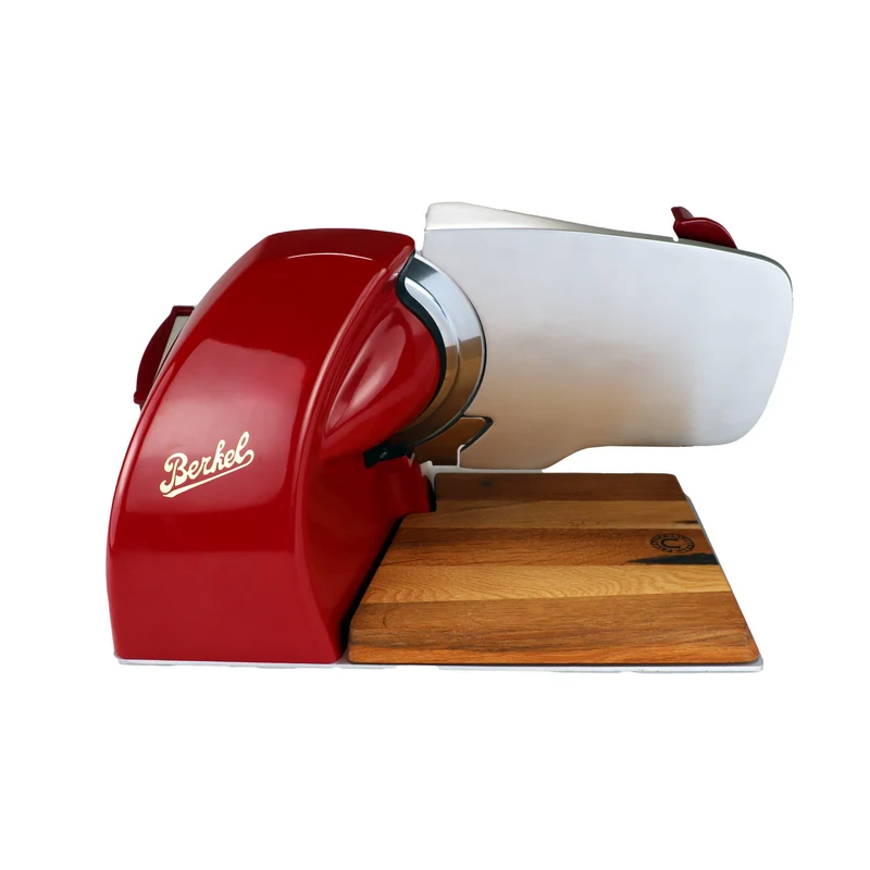 Berkel Home Line 200 Plus Rot – Aufschnittmaschine mit handgefertigtem Schneidebrett & Wellenschliff-Bausatz für Brot