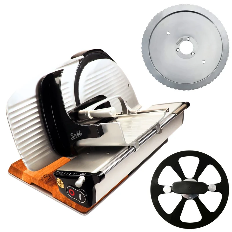 Berkel Home Line 250 Plus schwarz– Aufschnittmaschine mit handgefertigtem Unikat-Schneidebrett & Wellenschliff-Bausatz für Brot