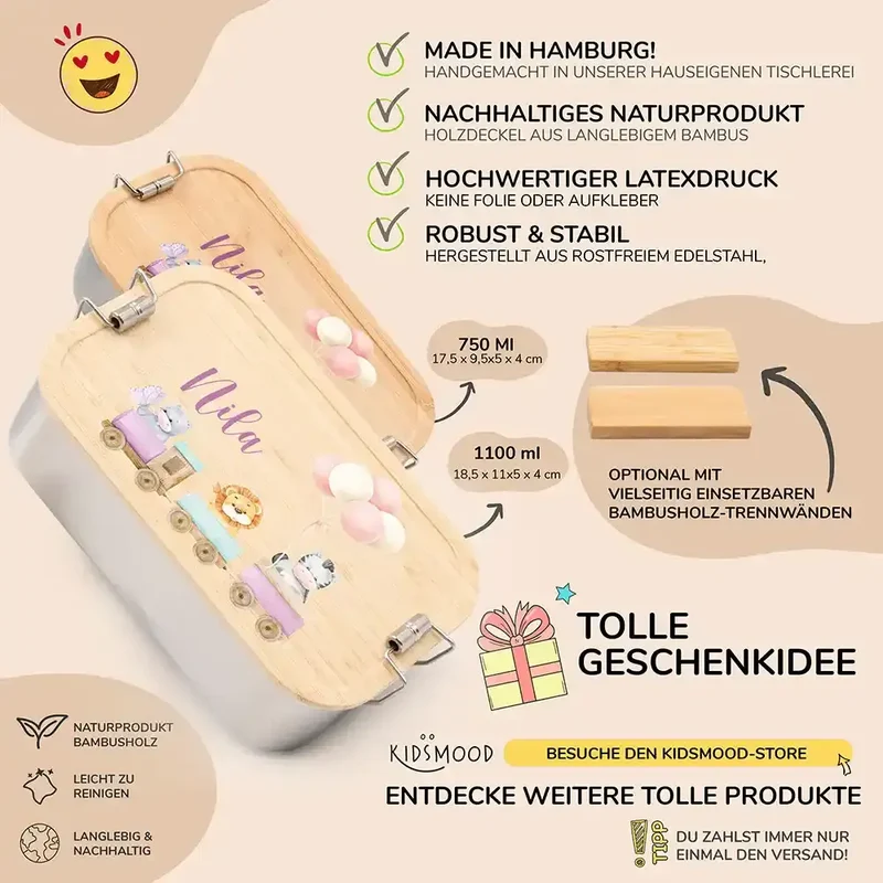 Brotdose Kinder personalisiert - Tiere Eisenbahn