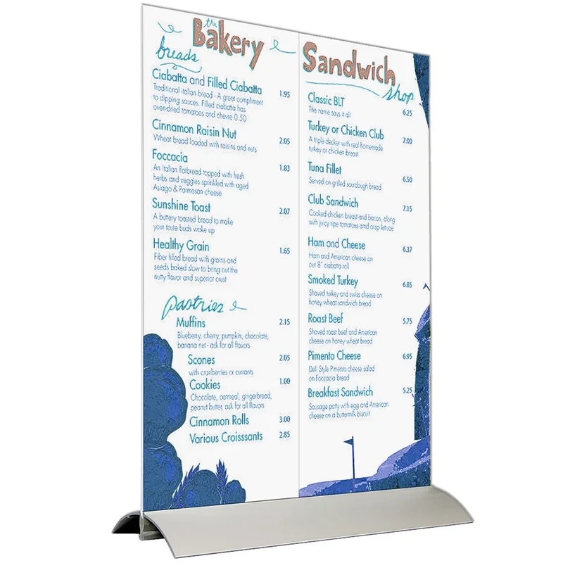 Menühalter Tischaufsteller Swing Wing Vertikal – Acryl Aufsteller mit Aluminiumfuß für Speisekarten & Informationen