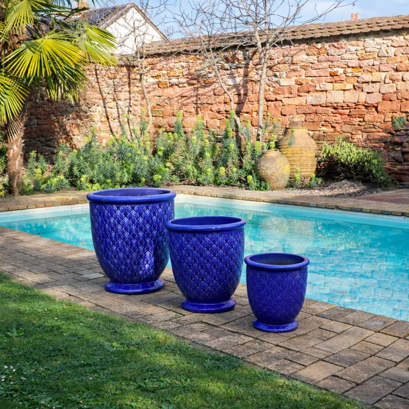 Glasierter Pflanzkübel "Indigo Provence" in Kobaltblau Höhe 30,5 bis 54 cm