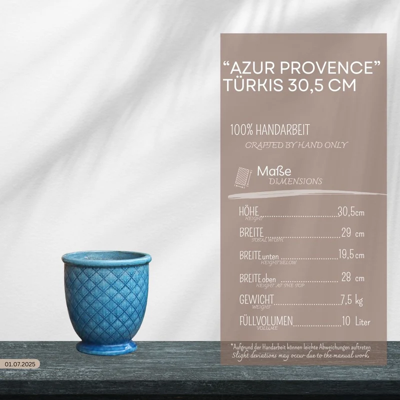 Türkis glasierter Blumentopf "Azur Provence" Höhe 30,5 bis 54 cm