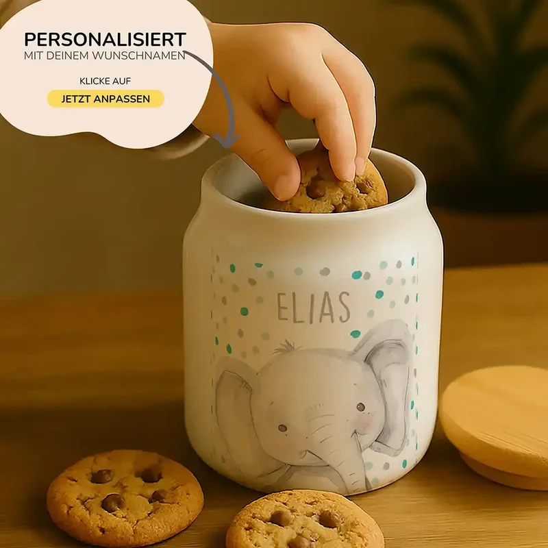 Personalisierbare Keksdose mit Name - Elefant mit Punkten