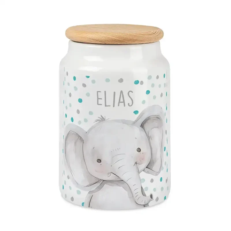 Personalisierbare Keksdose mit Name - Elefant mit Punkten