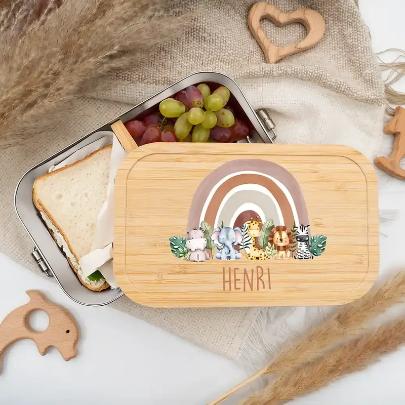 Brotdose Kinder personalisiert - Tierfamilie unter Regenbogen