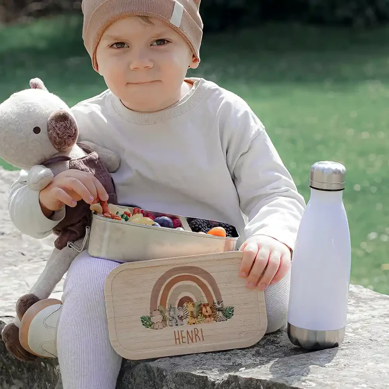 Brotdose Kinder personalisiert - Tierfamilie unter Regenbogen