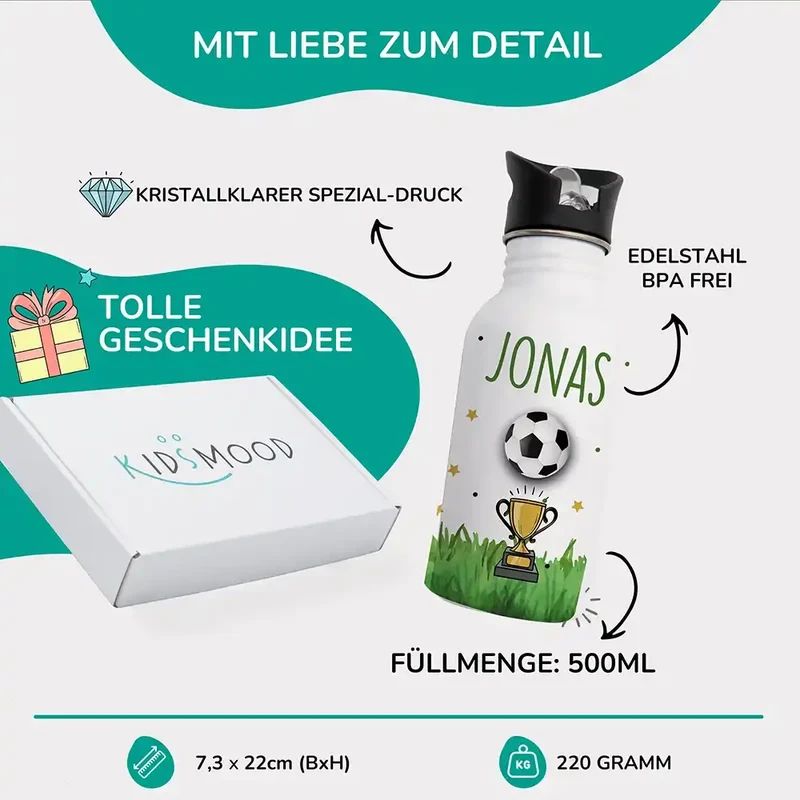 Trinkflasche Kinder Edelstahl - Fußball Champion