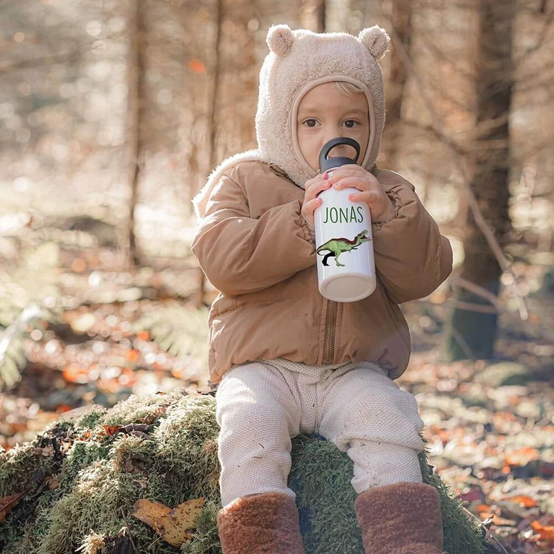 Trinkflasche Kinder Edelstahl - Dino Abenteuer - Personalisierbar mit Namen