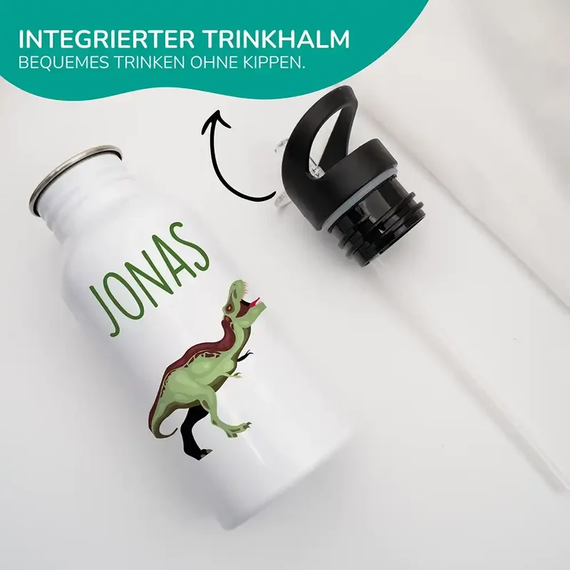 Trinkflasche Kinder Edelstahl - Dino Abenteuer - Personalisierbar mit Namen