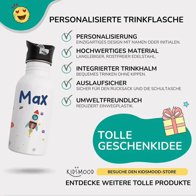 Trinkflasche Kinder Edelstahl - Weltraumrakete