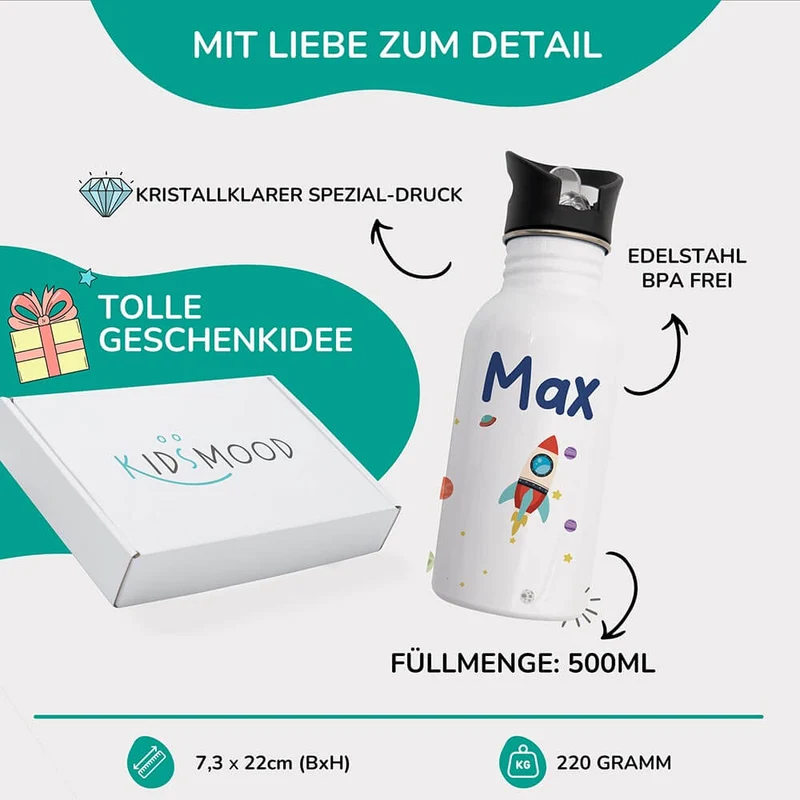 Trinkflasche Kinder Edelstahl - Weltraumrakete