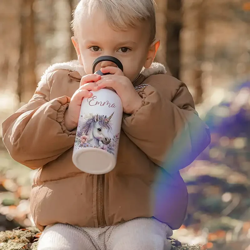 Trinkflasche Kinder Edelstahl - Einhorn mit Blüten