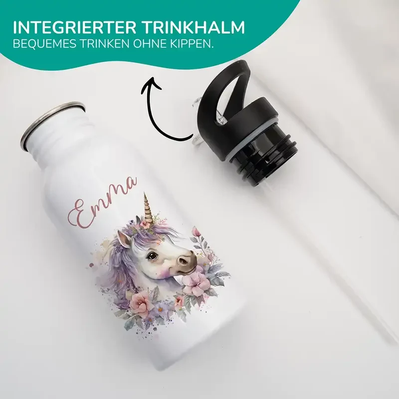 Trinkflasche Kinder Edelstahl - Einhorn mit Blüten