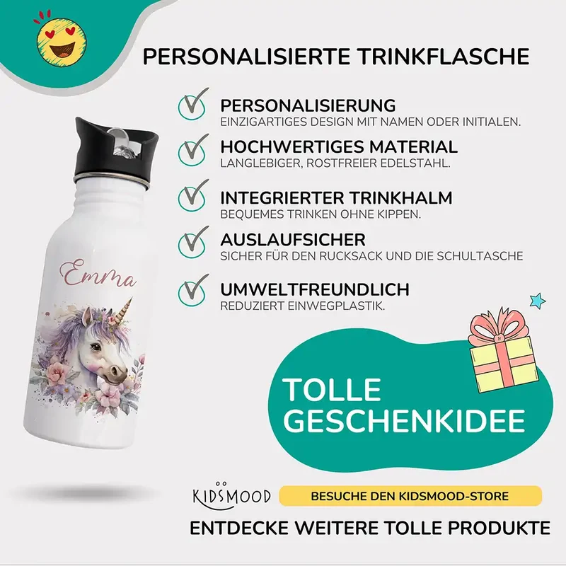 Trinkflasche Kinder Edelstahl - Einhorn mit Blüten