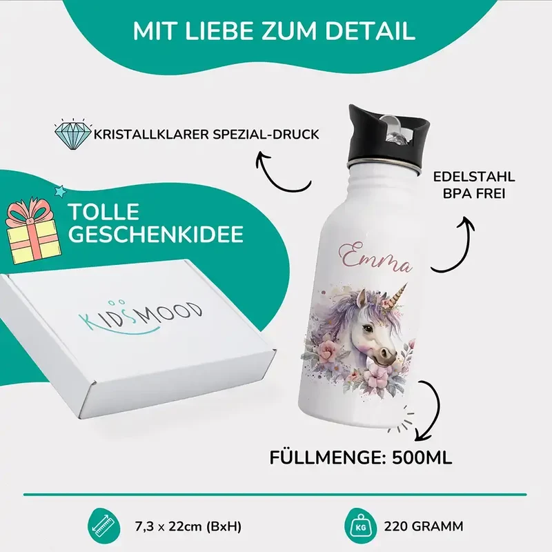 Trinkflasche Kinder Edelstahl - Einhorn mit Blüten