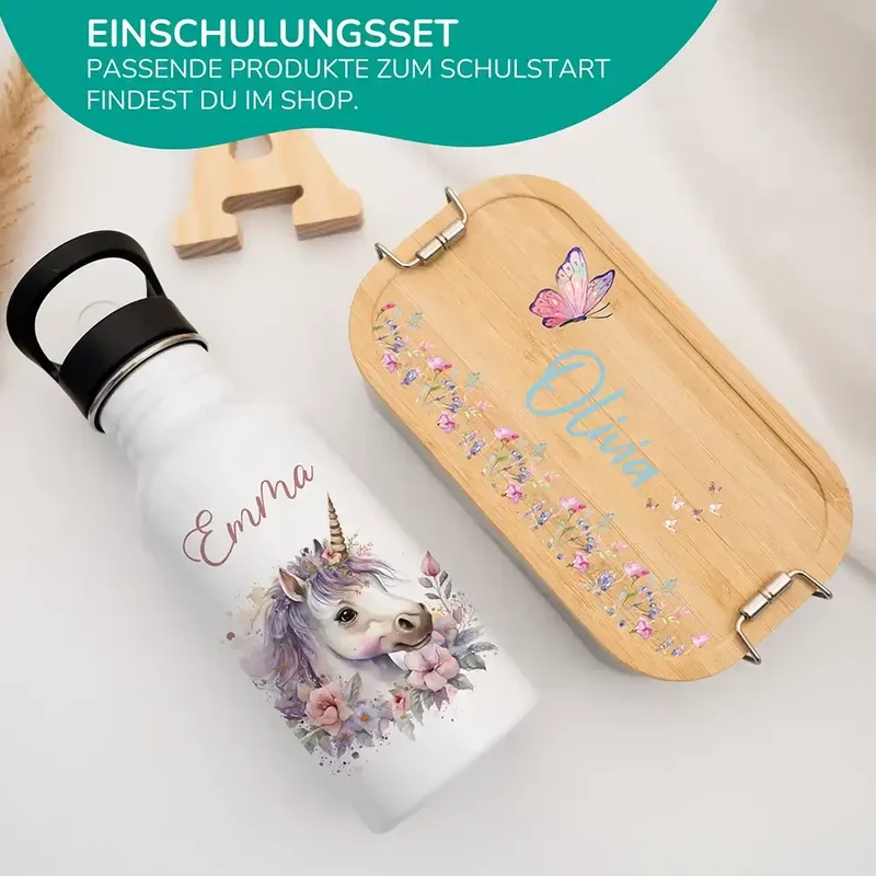 Trinkflasche Kinder Edelstahl - Einhorn mit Blüten