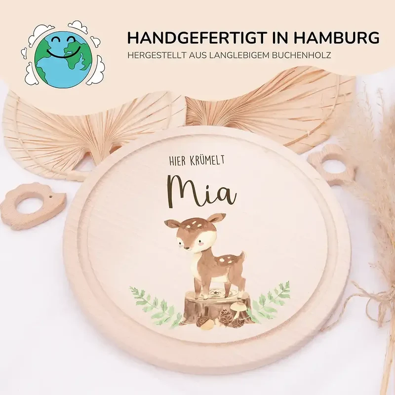 Rundes personalisiertes Frühstücksbrettchen Reh Waldtiere mit Namen für Kinder