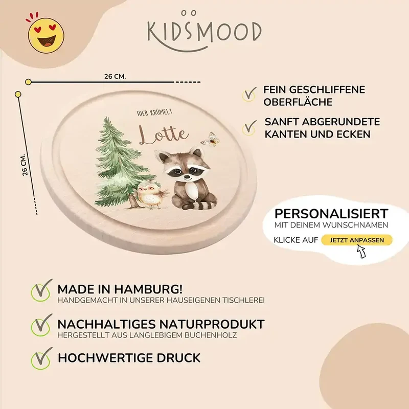 Rundes personalisiertes Frühstücksbrettchen Waschbär und Vogel mit Namen für Kinder