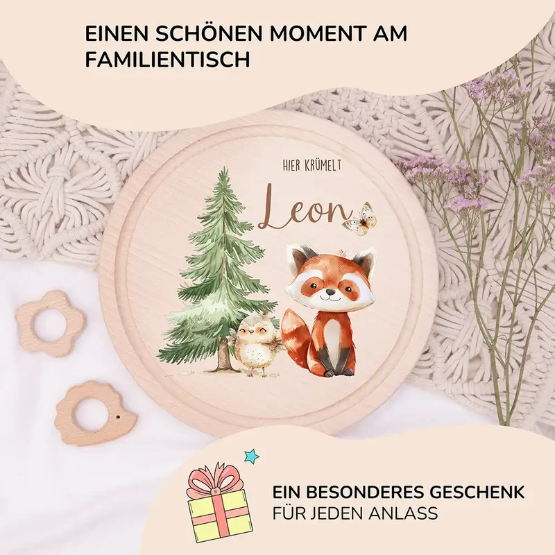 Rundes personalisiertes Frühstücksbrettchen Fuchs mit Namen für Kinder