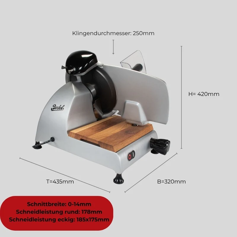 Berkel Red Line 220 Grau Teflon, Original Profi-Aufschnittmaschine, Messerdurchmesser 22 cm + Einlegebrett Eichenholz