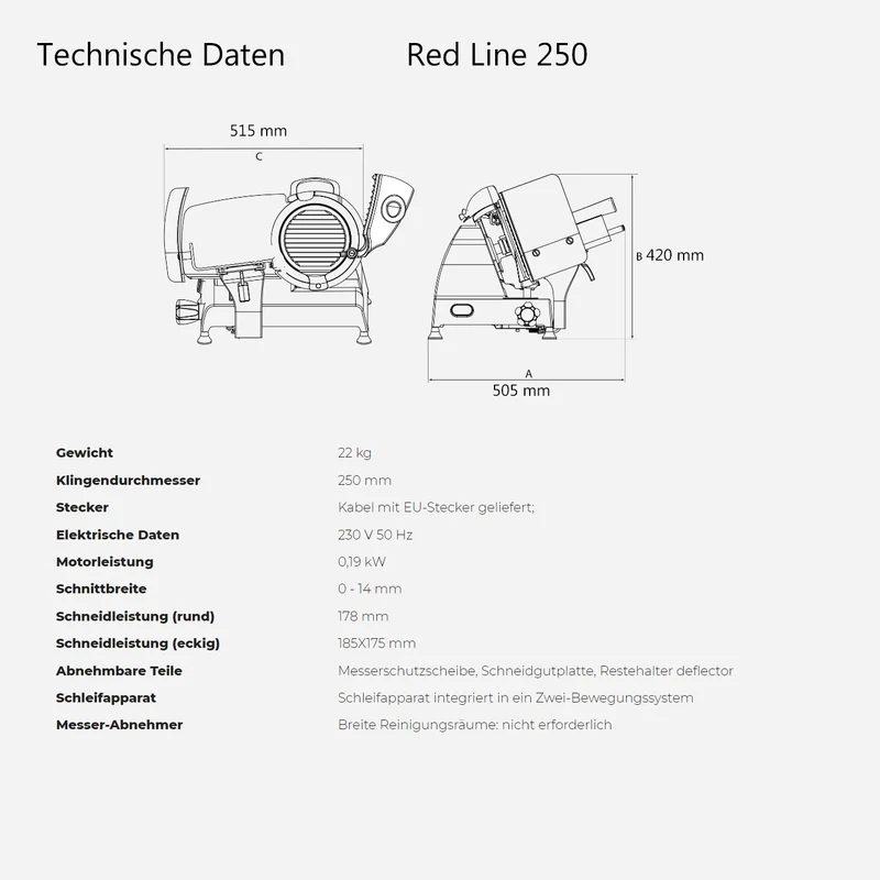 Berkel Red Line 220 Grau Teflon, Original Profi-Aufschnittmaschine, Messerdurchmesser 22 cm + Einlegebrett Eichenholz