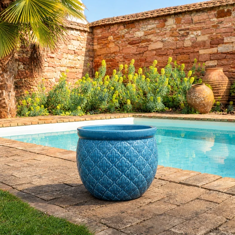 Türkis glasierter Pflanzkübel „Azur Occitanie“ Durchmesser 28 bis 46 cm