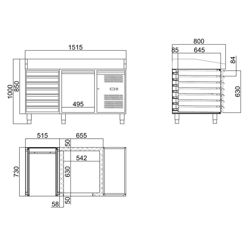 EASYLINE Pizzakühltisch 800 / 1-türig & 7 Schubladen "schwarz"