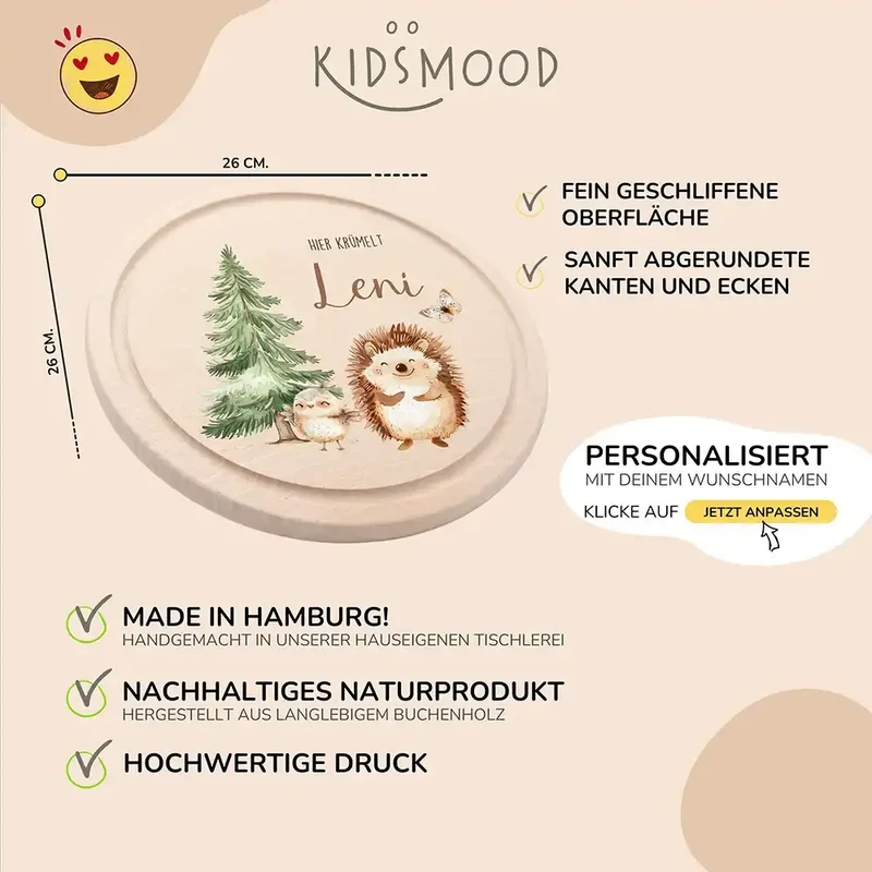 Rundes personalisiertes Frühstücksbrettchen Igel mit Namen für Kinder