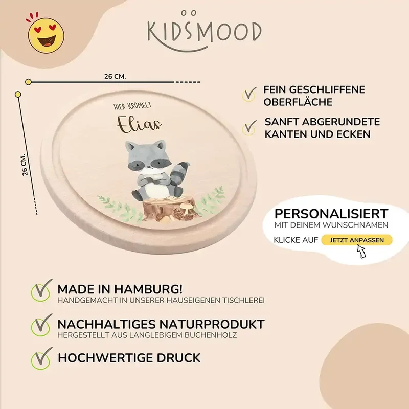 Rundes personalisiertes Frühstücksbrettchen Waschbär mit Namen für Kinder