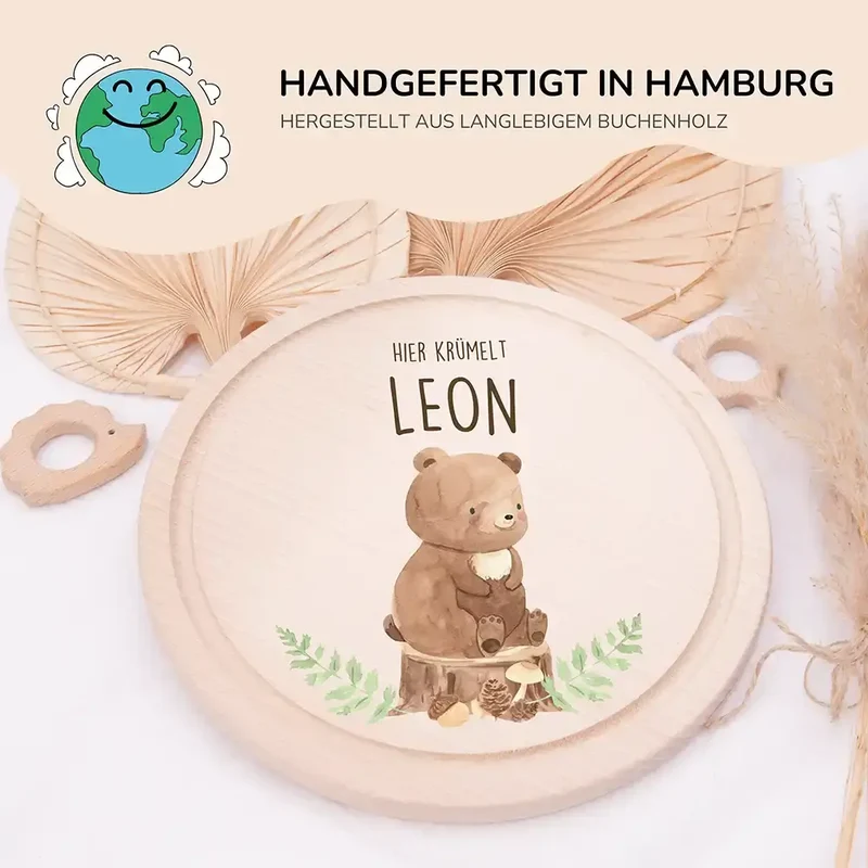 Rundes personalisiertes Frühstücksbrettchen Bär mit Namen für Kinder