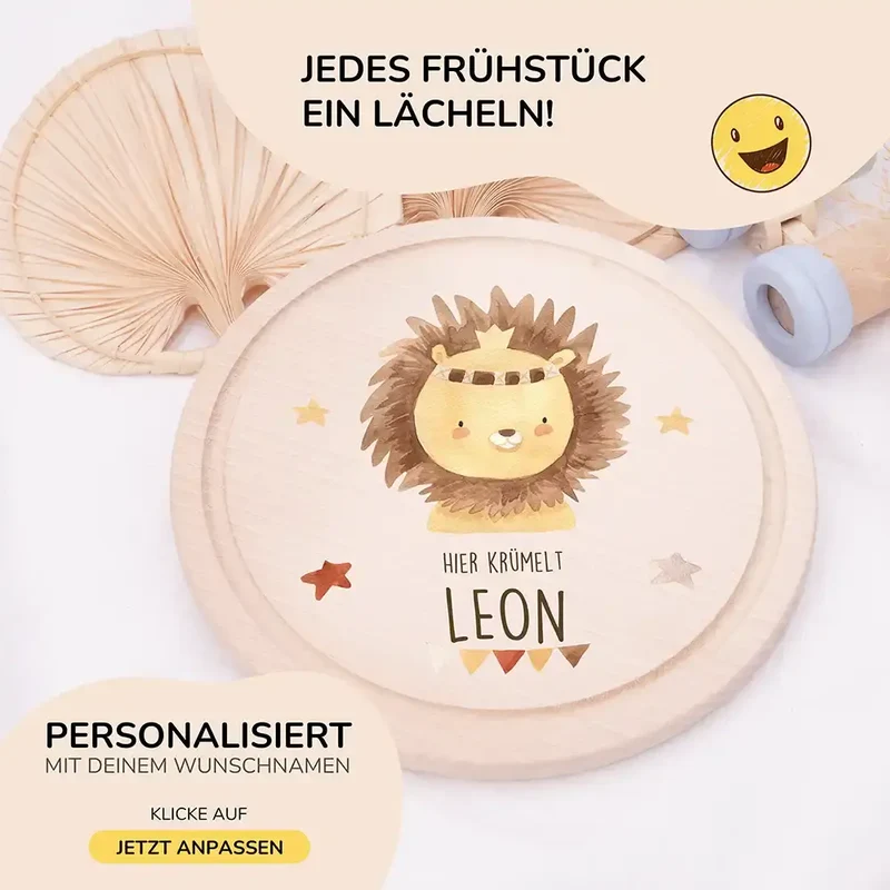 Rundes personalisiertes Frühstücksbrettchen Boho Löwe mit Namen für Kinder
