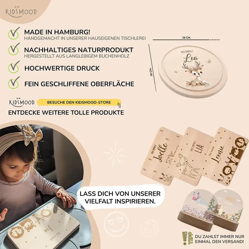 Rundes personalisiertes Frühstücksbrettchen Reh im Wald mit Namen für Kinder