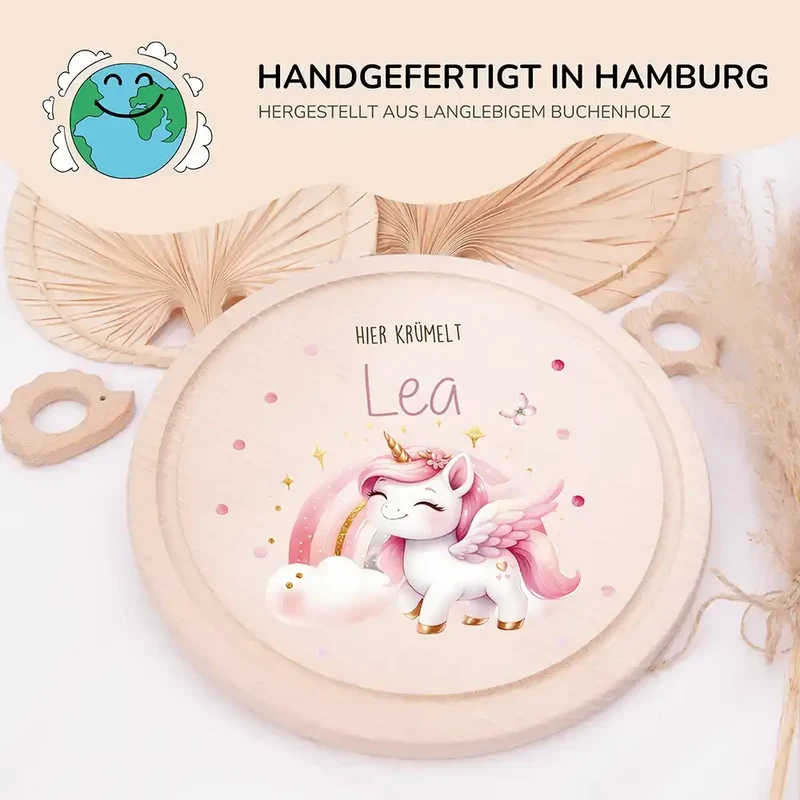 Rundes personalisiertes Frühstücksbrettchen Einhorn mit Namen für Kinder
