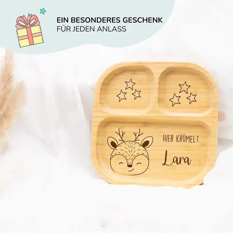 Kinderteller mit Saugnapf personalisiert mit Namen - Reh