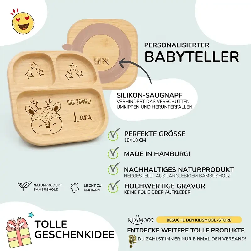 Kinderteller mit Saugnapf personalisiert mit Namen - Reh