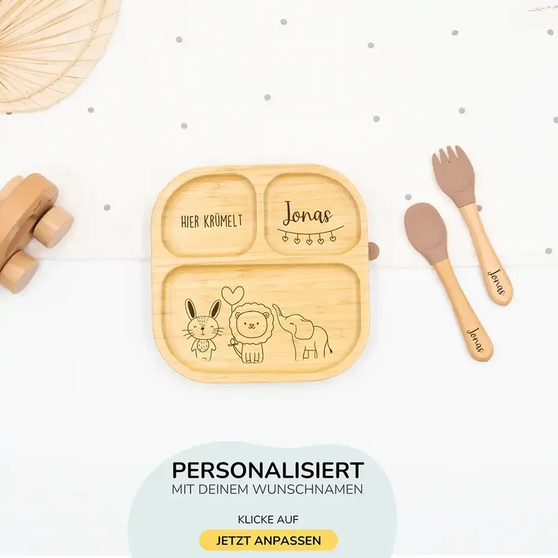 Kinderteller mit Saugnapf personalisiert mit Namen - Jungle Tiere