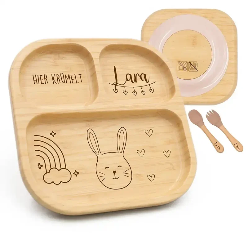 Kinderteller mit Saugnapf personalisiert mit Namen - Hase Regenbogen Motiv