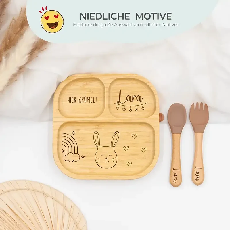 Kinderteller mit Saugnapf personalisiert mit Namen - Hase Regenbogen Motiv