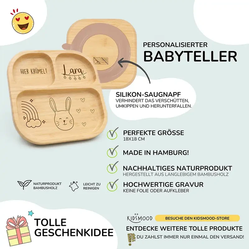 Kinderteller mit Saugnapf personalisiert mit Namen - Hase Regenbogen Motiv