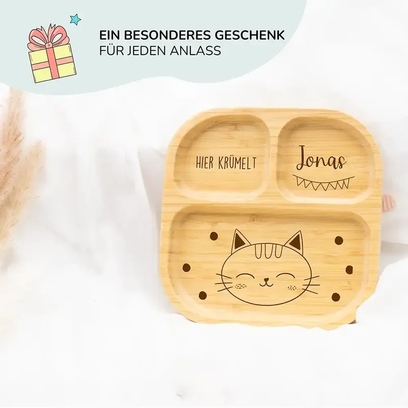 Kinderteller mit Saugnapf personalisiert mit Namen - Katze Motiv