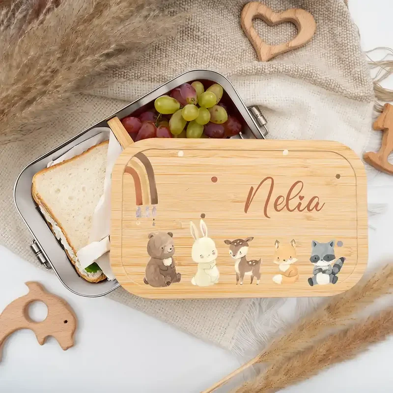 Brotdose Kinder personalisiert - Boho Tierfamilie Regenbogen