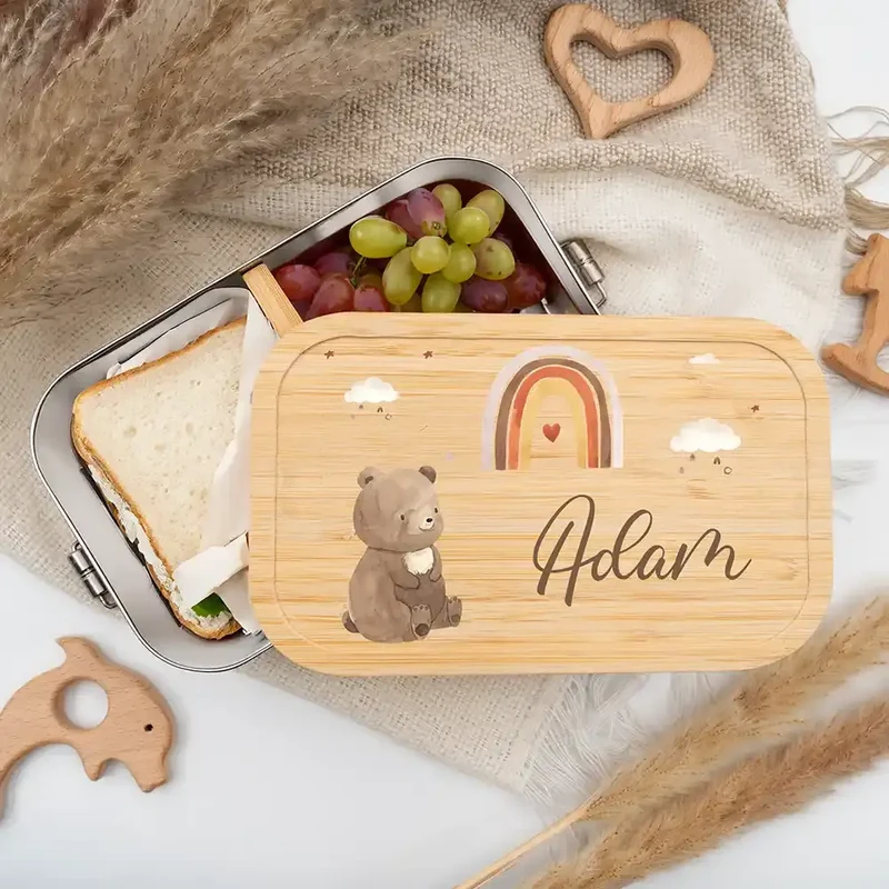 Brotdose Kinder personalisiert - Boho Bär Regenbogen