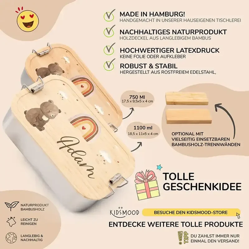 Brotdose Kinder personalisiert - Boho Bär Regenbogen