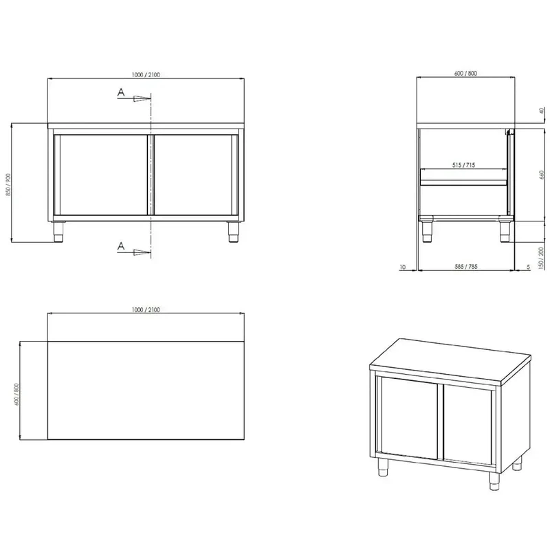 Profiline Arbeitsschrank - 700 mm & mit Schiebetüren