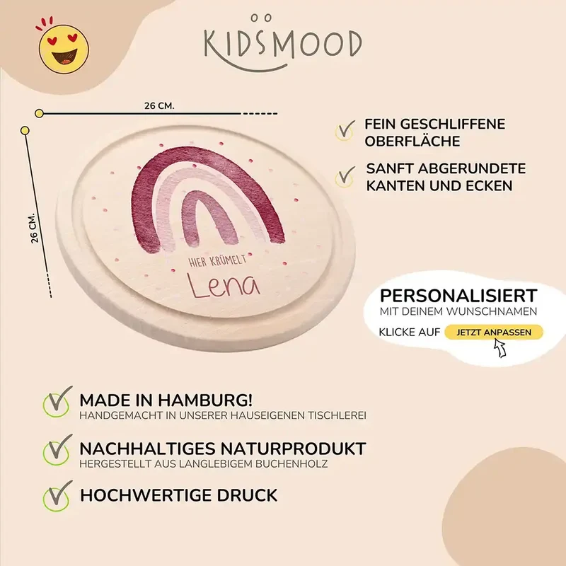 Rundes personalisiertes Frühstücksbrettchen Regenbogen mit Namen für Kinder
