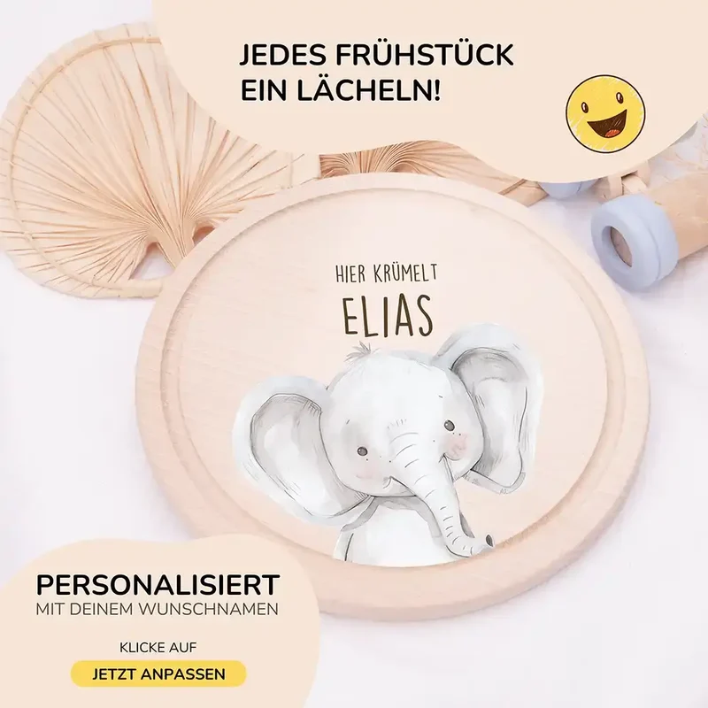 Rundes personalisiertes Frühstücksbrettchen Elefant mit Namen für Kinder