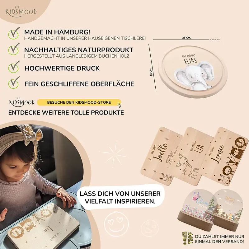 Rundes personalisiertes Frühstücksbrettchen Elefant mit Namen für Kinder