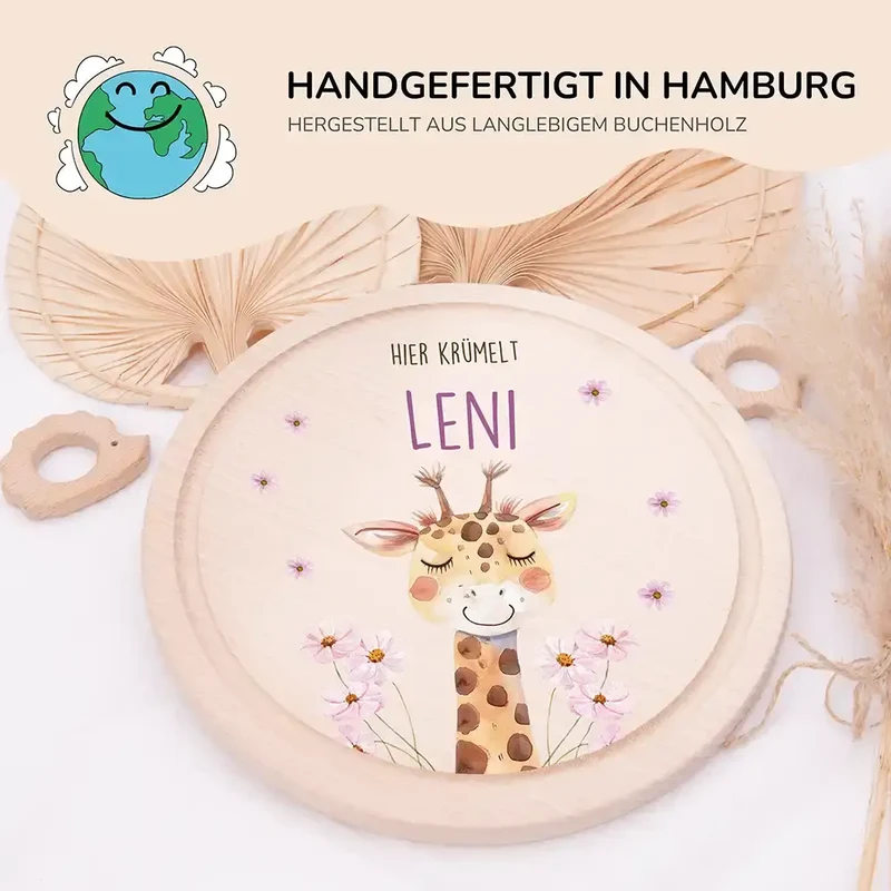 Rundes personalisiertes Frühstücksbrettchen Giraffe mit Namen für Kinder