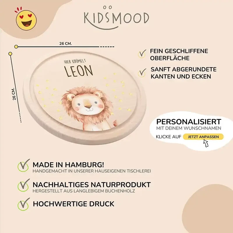 Rundes personalisiertes Frühstücksbrettchen Löwe mit Namen für Kinder