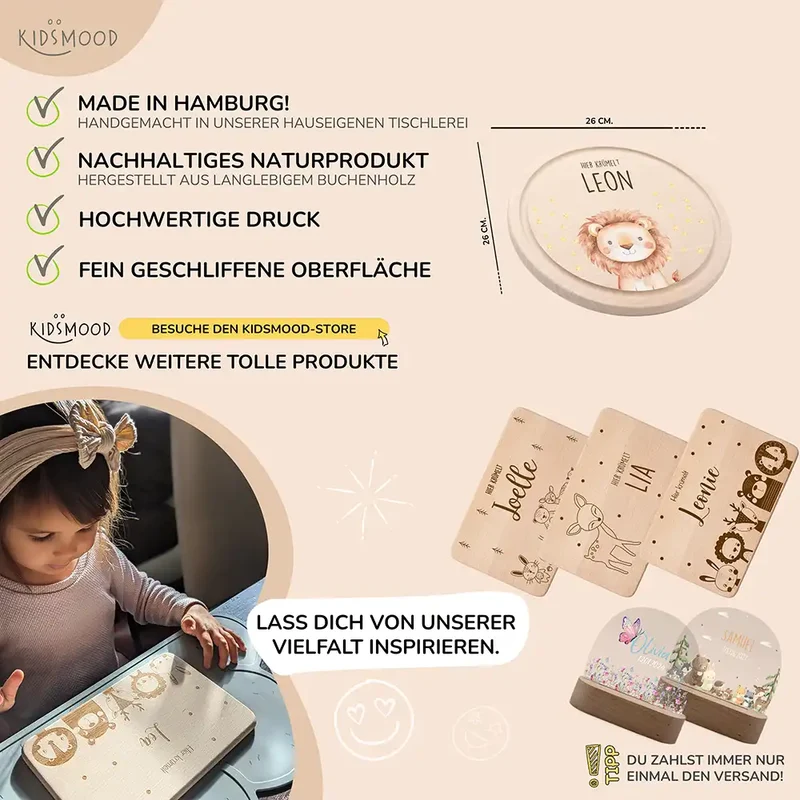 Rundes personalisiertes Frühstücksbrettchen Löwe mit Namen für Kinder
